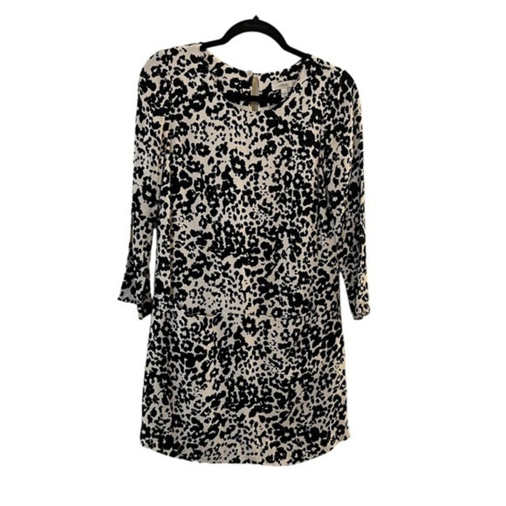 J. Crew Jules Cream & Black Long Sleeve Animal Print Shift Dress, Front Pockets